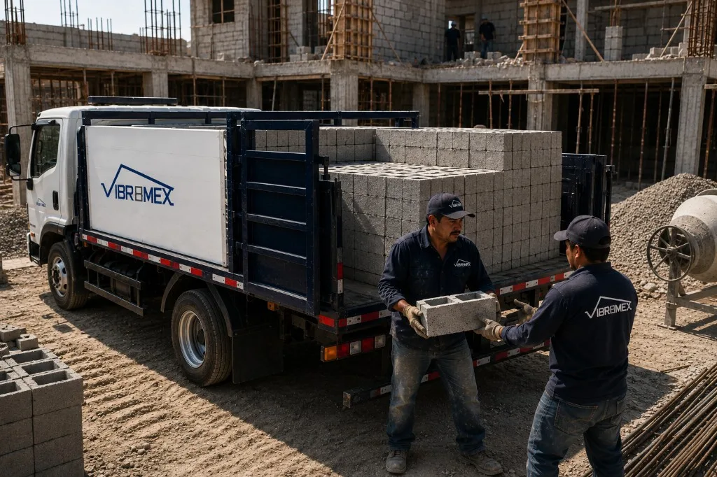 Camión de reparto Vibromex con materiales para construcción